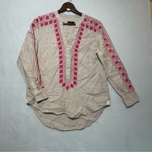 J. Crew 100% Linen Pink Embroidered V-neck tunic In Stripe Size XS